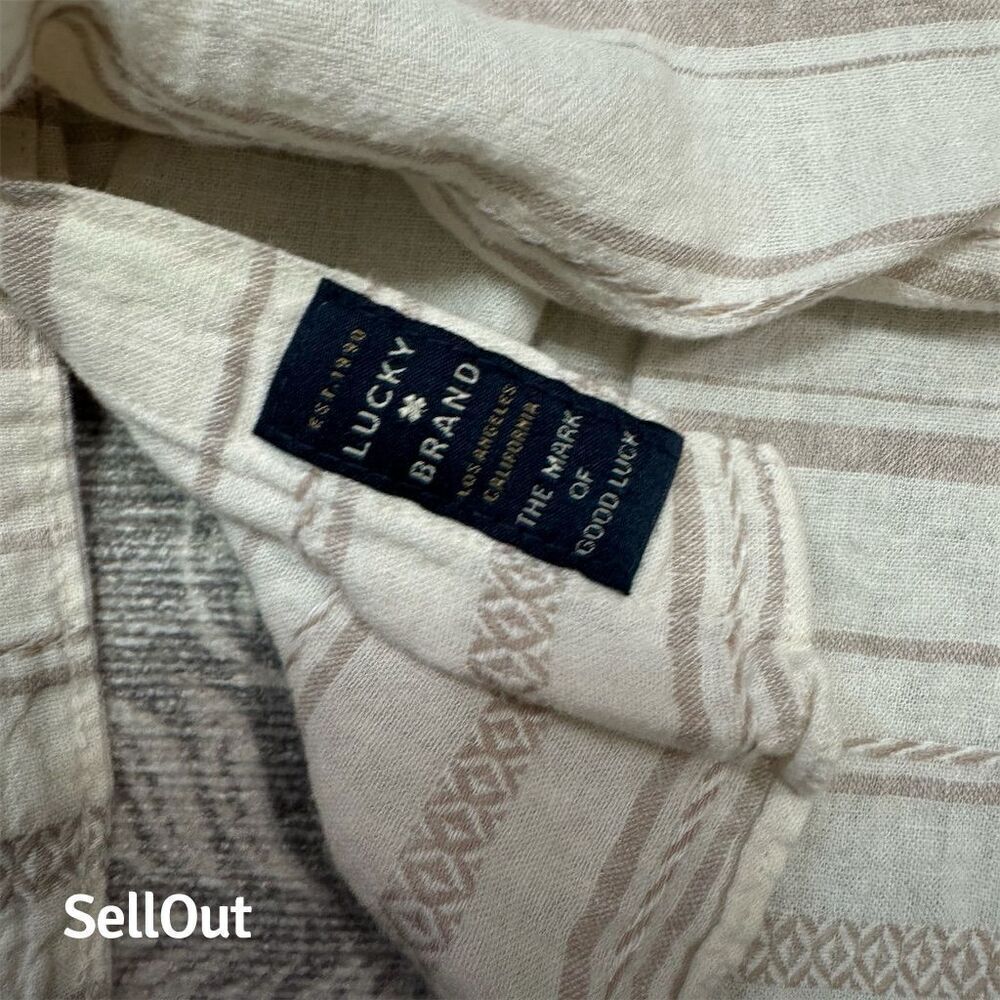 Lucky Brand Men's Large Ivory Striped Linen Blend Button-Up Shirt - Picture 8 of 9